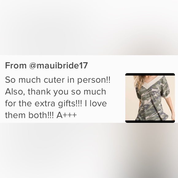 “So much cuter in person” taupe & green camo open V-neck - Picture 4 of 4